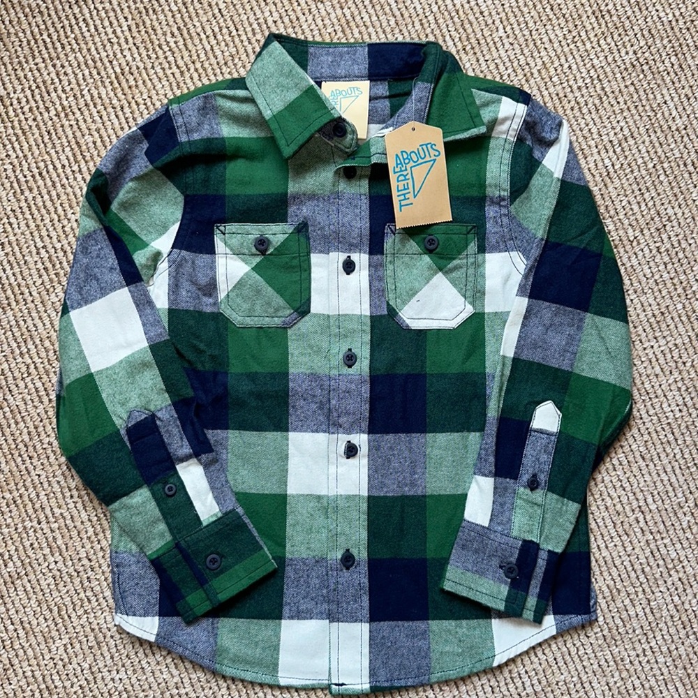 NWT Thereabouts navy blue white and green flannel shirt size XS 6-7